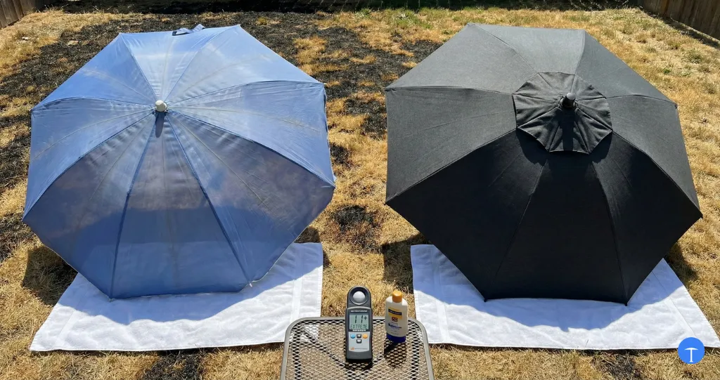UV protection comparison showing thin umbrella with light bleeding through vs dense UPF-rated canopy shadow