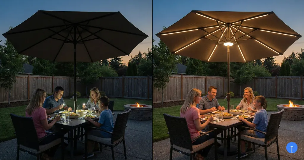 Are LED umbrellas worth it comparing dark unlit patio dining vs warm LED umbrella illuminated setup