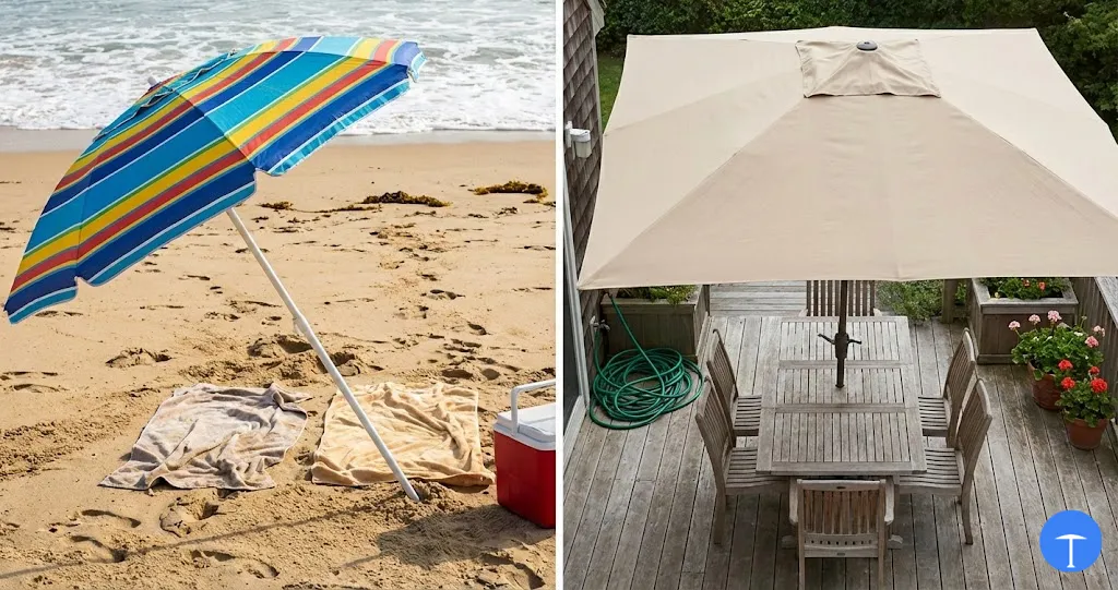 Beach umbrella vs patio umbrella comparison showing differences in design and setting