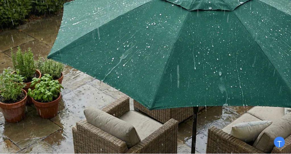 Best patio umbrella fabric showing water-resistant material with rain beading off canopy