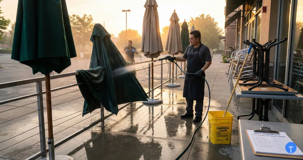 Commercial umbrella maintenance showing restaurant worker cleaning large patio umbrellas before opening