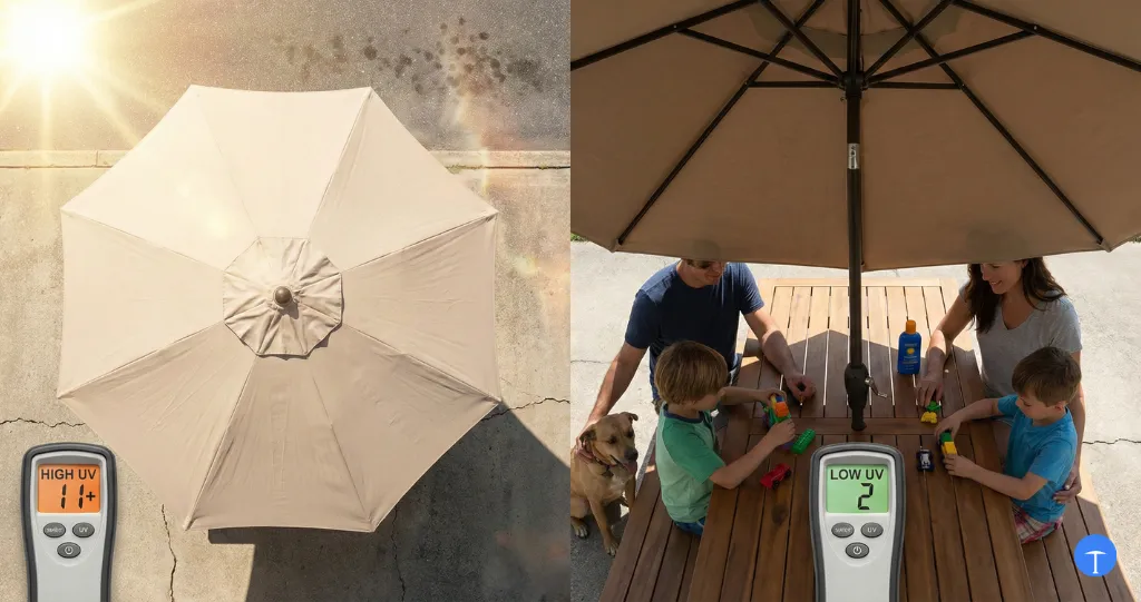 Patio umbrella blocking UV rays with UV meter showing protection level underneath canopy