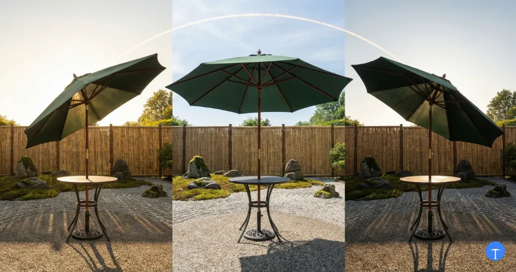 Patio umbrella tilt function following sun from morning to afternoon angles
