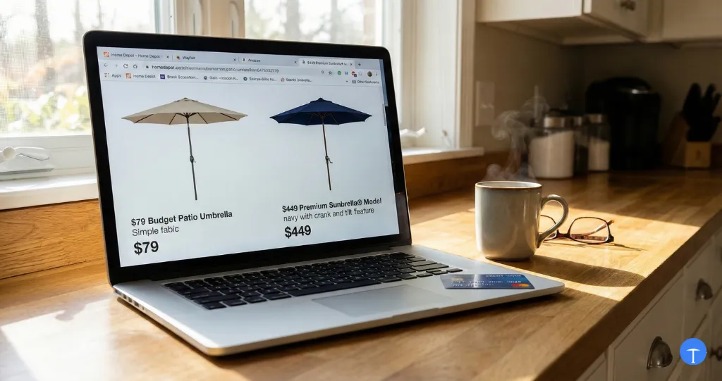 Patio umbrella costs ranging from $79 budget to $449 premium on shopping comparison
