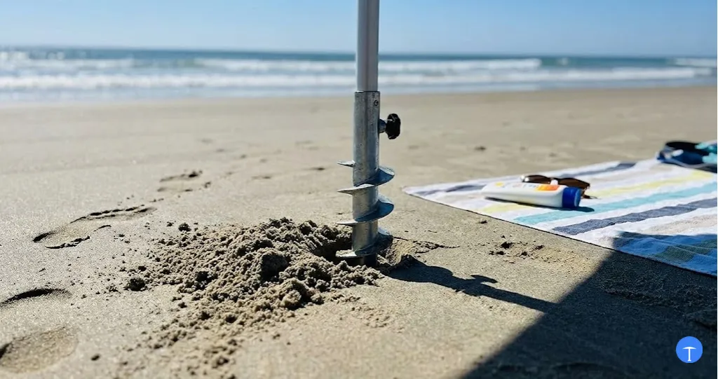 How to anchor beach umbrella in sand using a sand screw anchor for stability