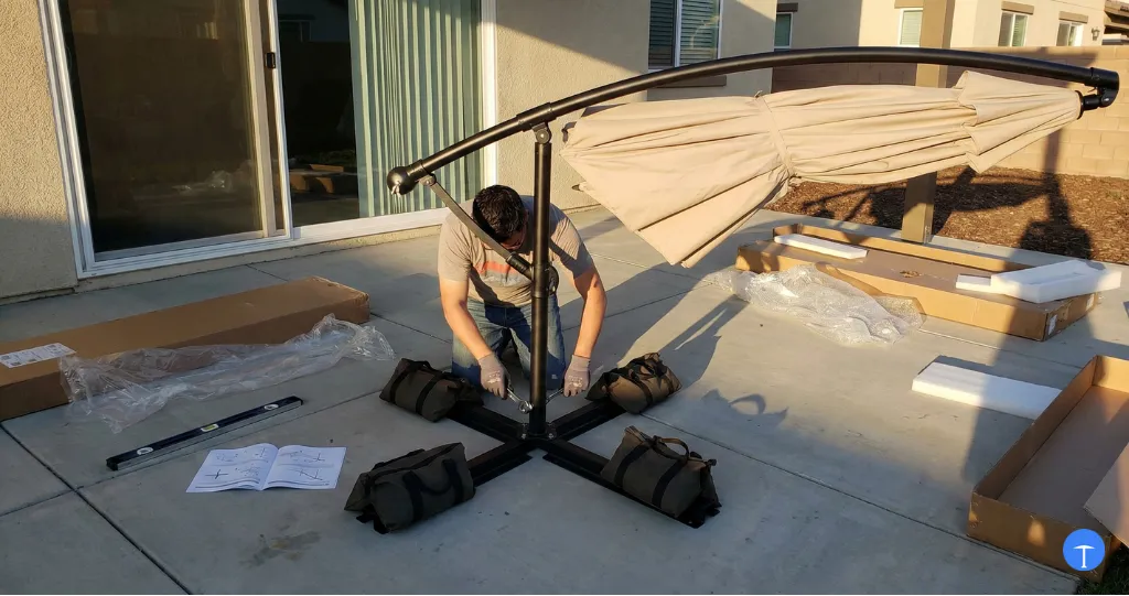 How to anchor offset umbrella showing base assembly with weight bags and leveling on concrete patio