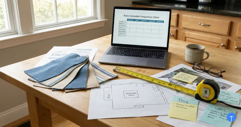 Choosing a patio umbrella with fabric swatches size measurements and comparison research