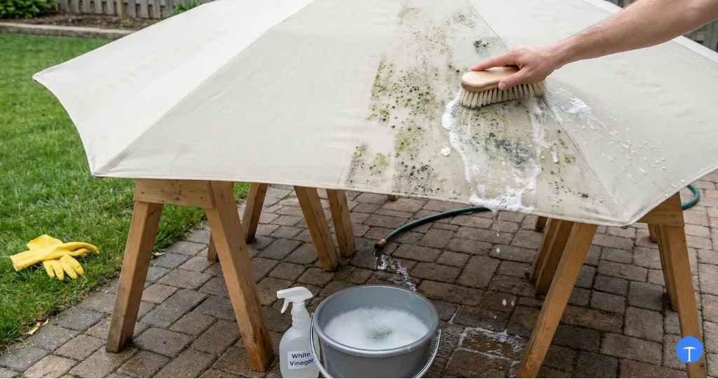 How to clean patio umbrella mold showing scrub brush removing green and black mold spots from canopy