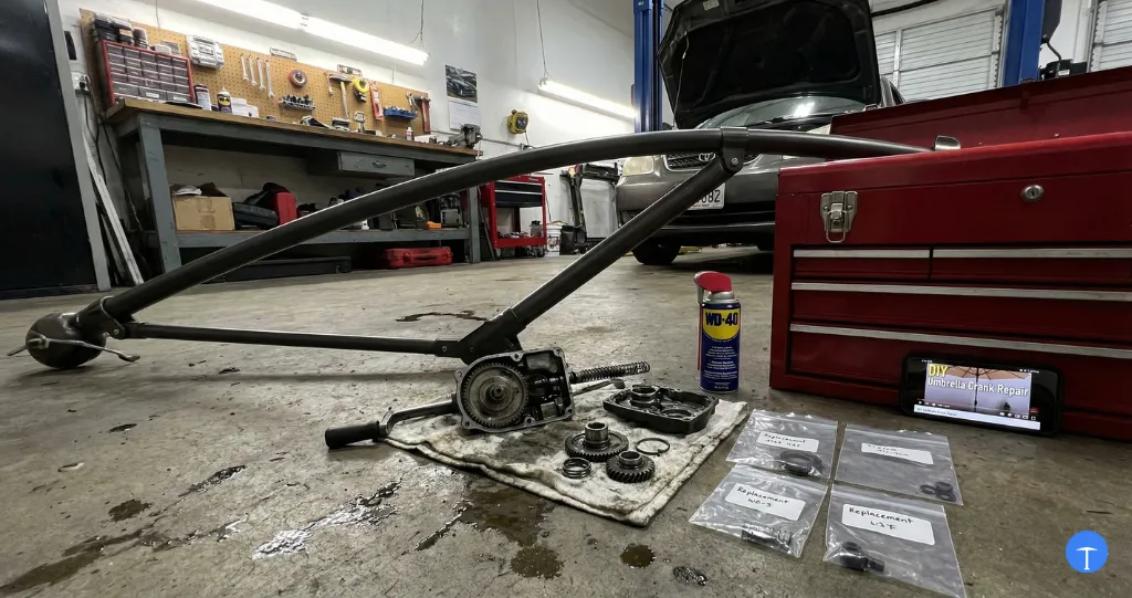 How to fix a cantilever umbrella with disassembled crank mechanism during DIY repair