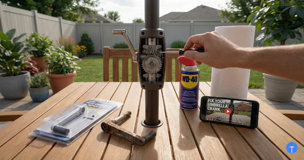 Fixing patio umbrella crank mechanism with replacement parts during DIY repair