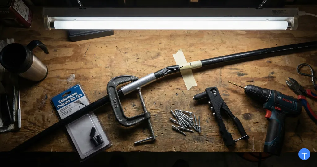 How to fix a patio umbrella broken rib with splint repair on workshop bench