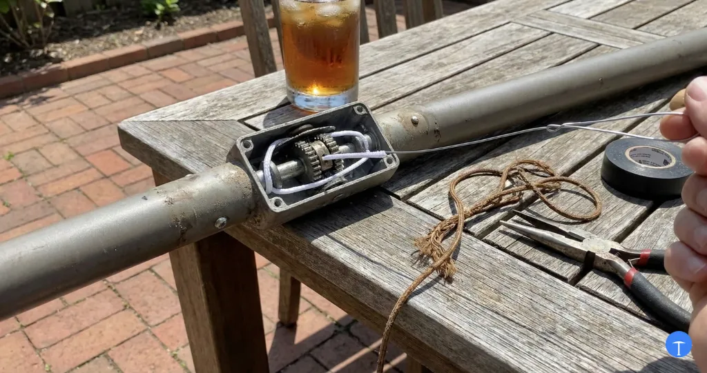 How to fix patio umbrella string showing cord replacement through pulley mechanism