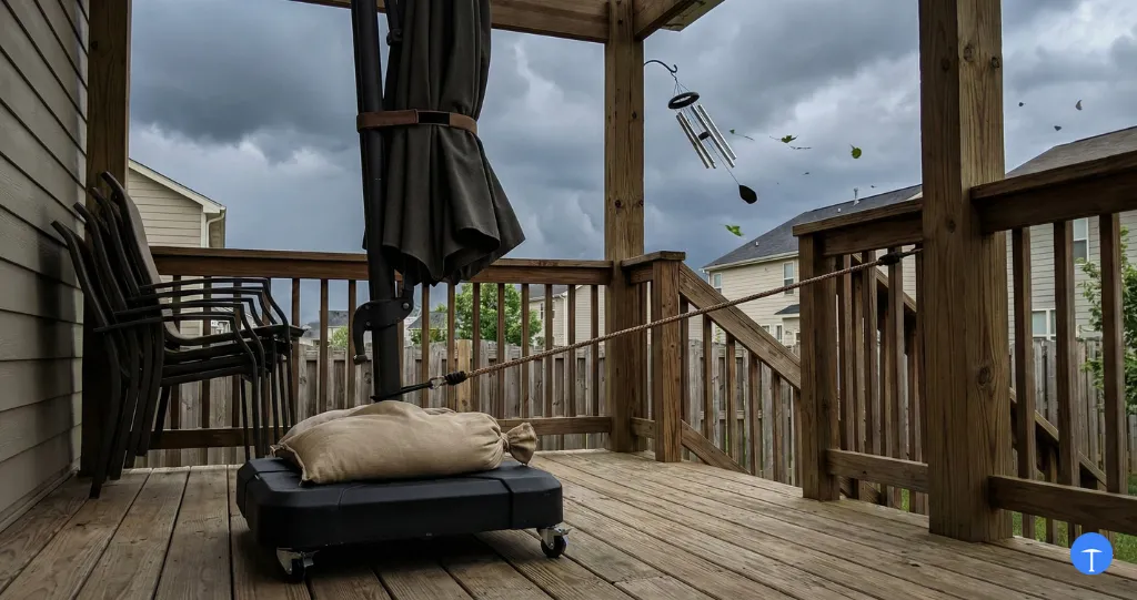 How to keep patio umbrella from blowing away secured with weights and tie-downs before storm