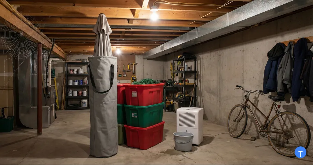 Patio umbrella stored for winter in protective bag inside dry basement storage