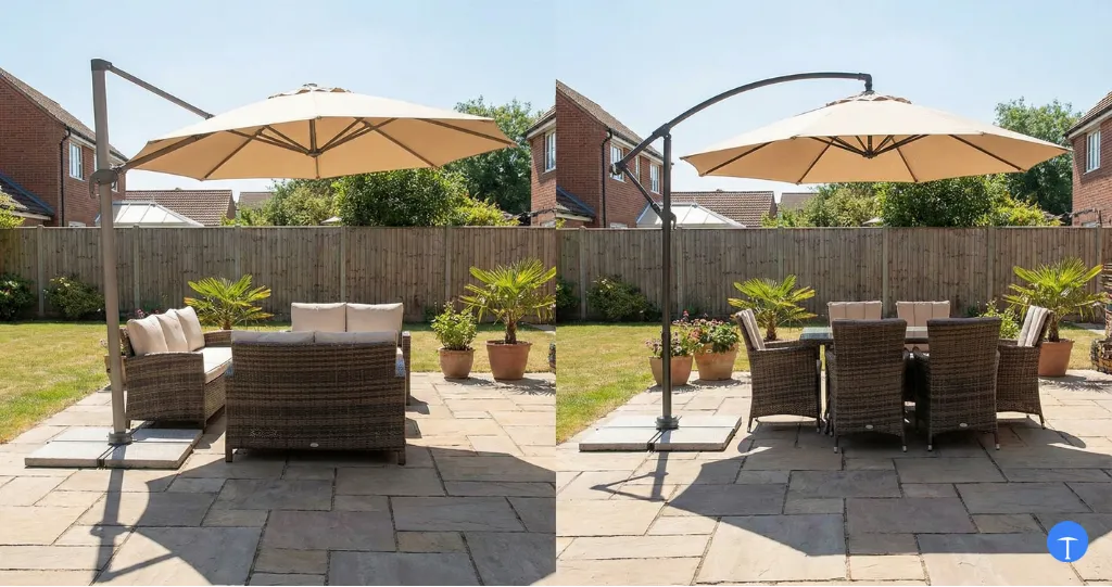Offset vs cantilever umbrella side-by-side comparison showing pole design and shade pattern differences