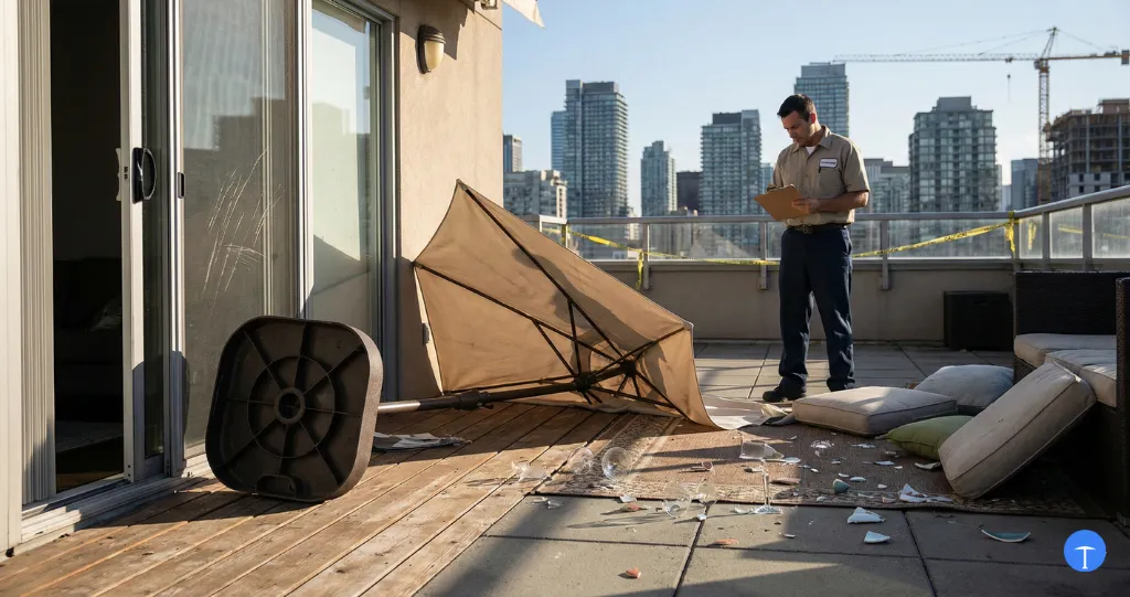 Patio umbrella safety hazard from lightweight base causing tip-over damage