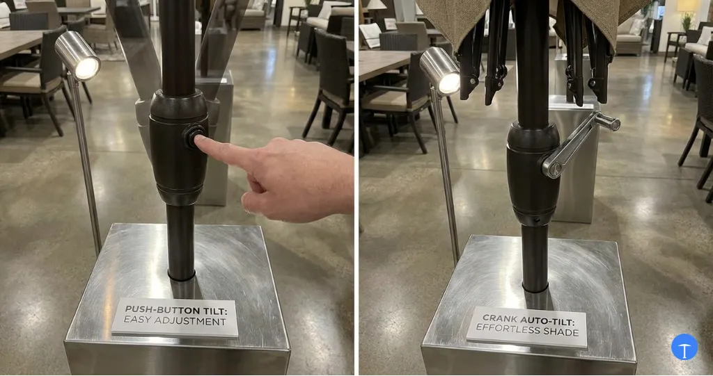 Push button tilt vs crank tilt mechanisms side-by-side on retail display