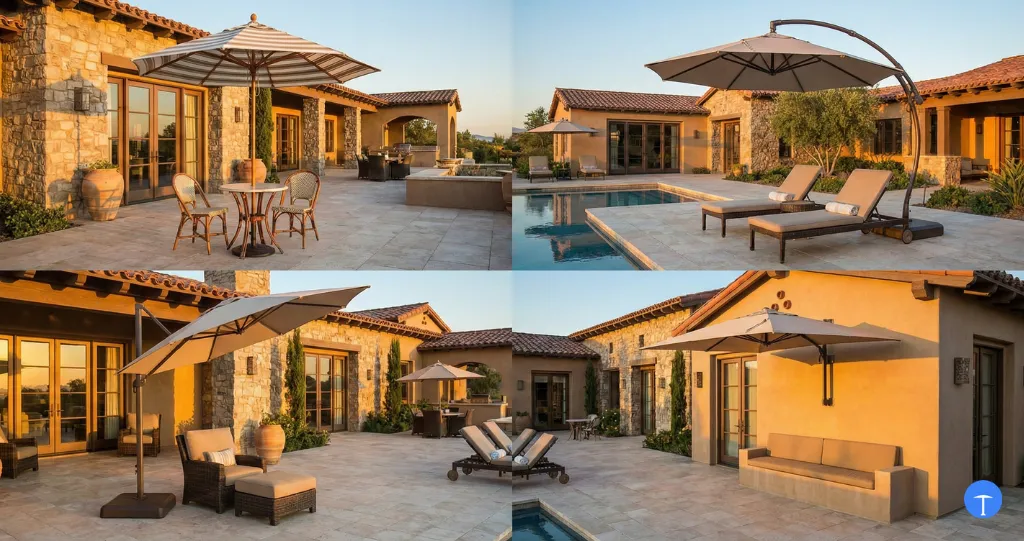 Four types of patio umbrellas including market cantilever tilting and half-wall styles