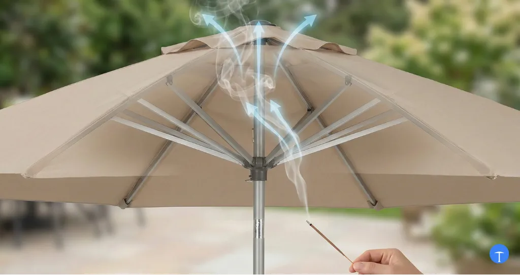 Umbrella wind vent airflow explained with visible air movement through canopy opening