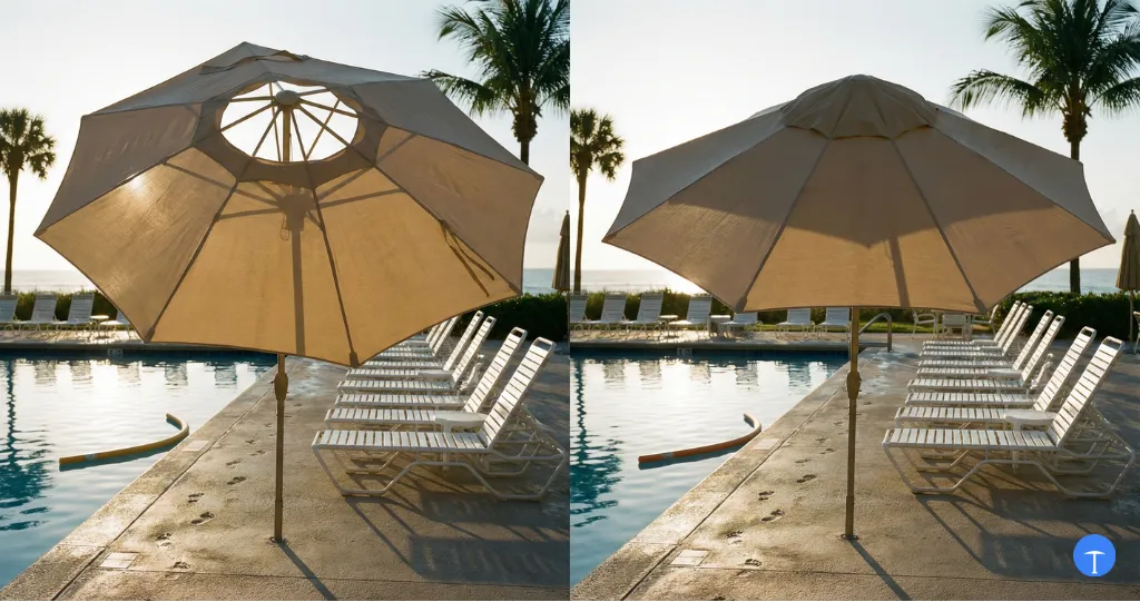Vented vs non-vented patio umbrella showing wind vent difference at canopy top