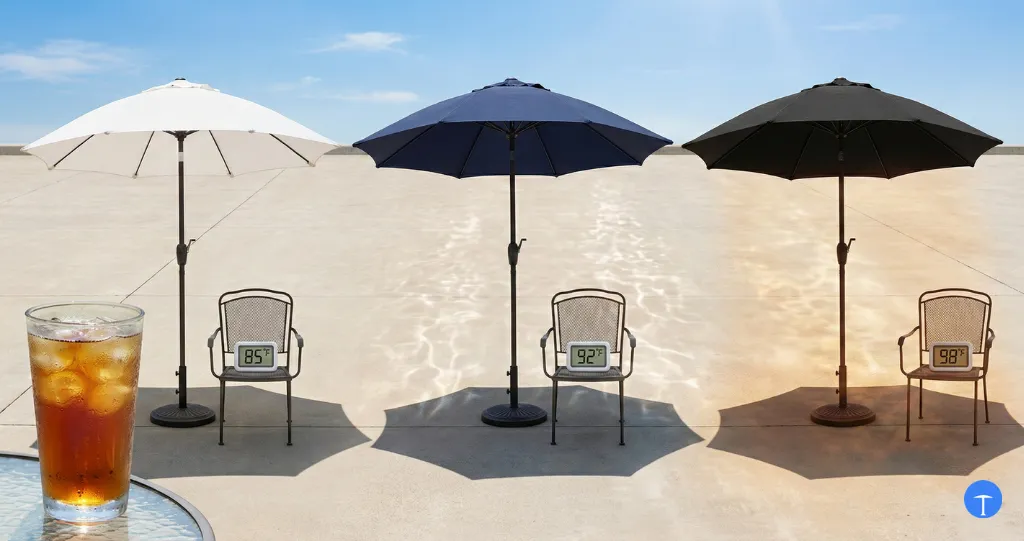 What color umbrella is coolest comparing white navy and black canopies with temperature differences in shade