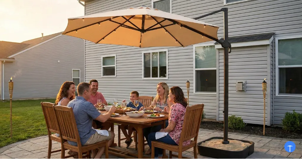 What is an offset umbrella showing side-mounted pole design providing clear shade over dining table