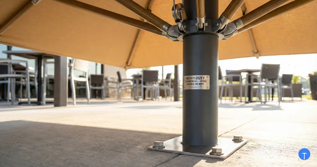 What makes umbrella commercial grade showing thick aluminum pole reinforced ribs and marine-grade fabric construction