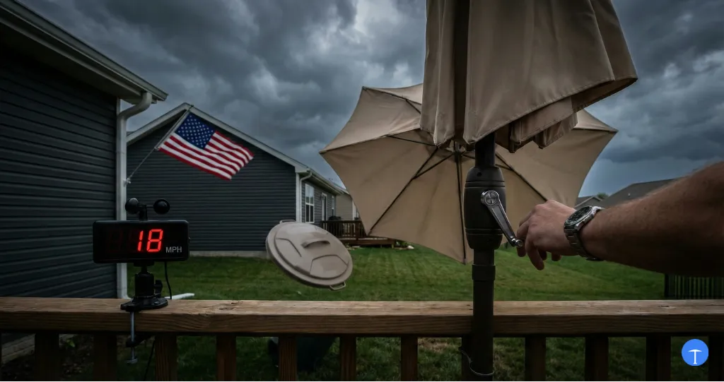 Wind speed indicator at 18mph signaling when to close patio umbrella before damage